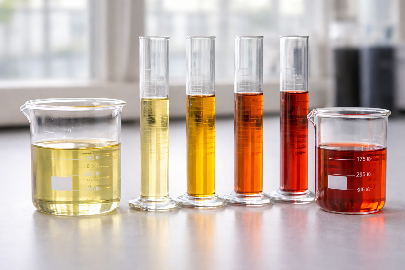A series of platinum group metal chemical solutions in graduated cylinders and beakers.