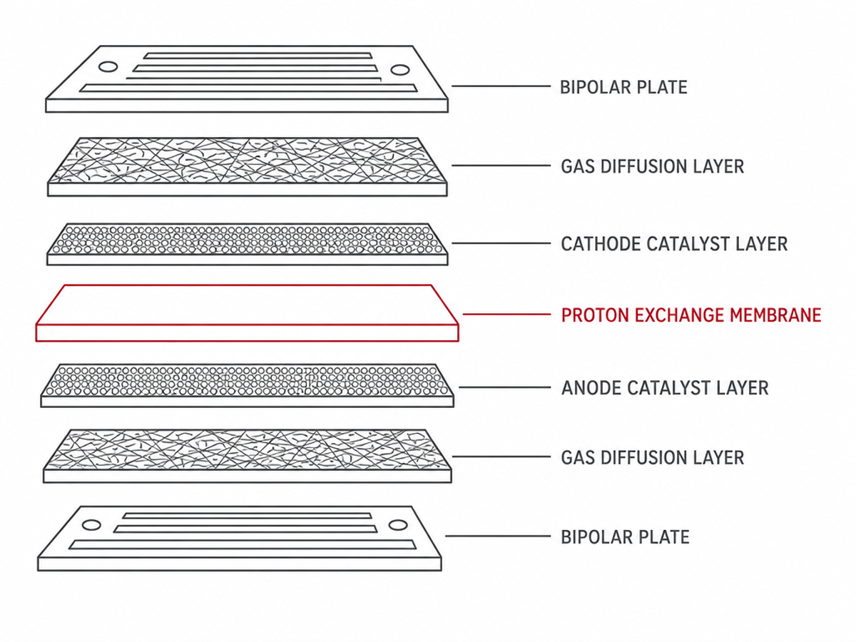 Exploded cross-section diagram of a membrane electrode assembly, showing from top to bottom: bipolar plate, gas diffusion layer, cathode catalyst layer, proton exchange membrane, anode catalyst layer, gas diffusion layer and bipolar plate.